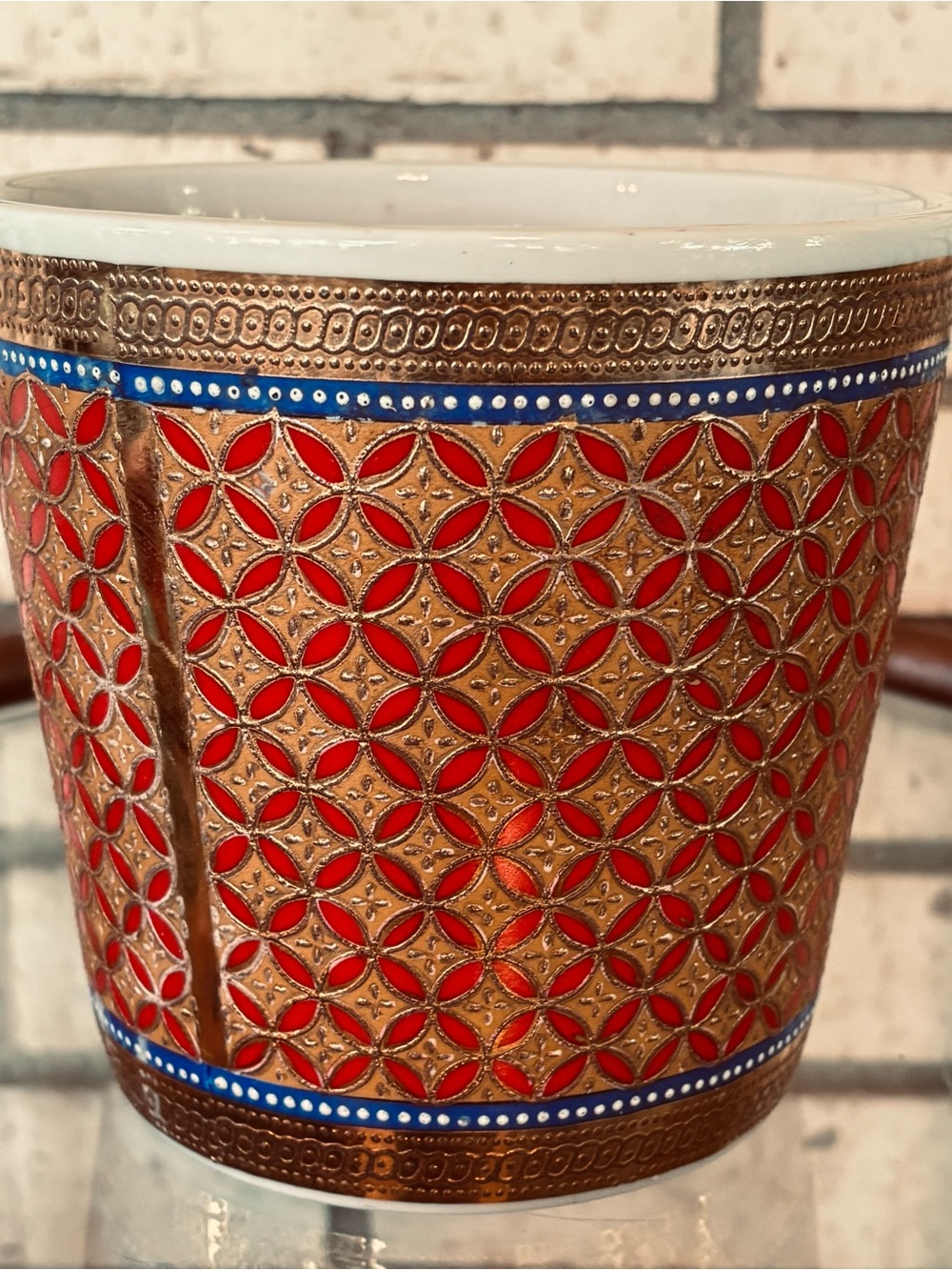Vintage Red and Gold Embossed Porcelain Vase with Blue Trim